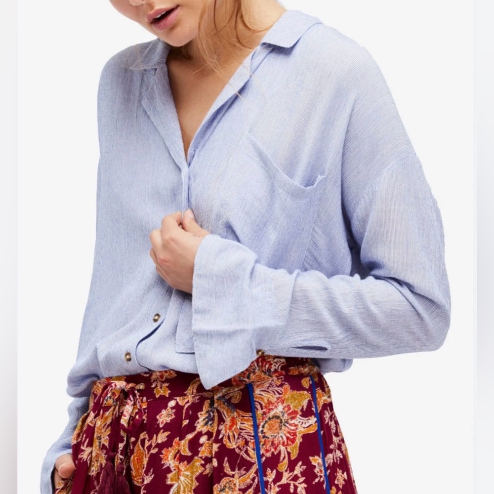 FREE PEOPLE Magic Breeze Blue Button-Up Top